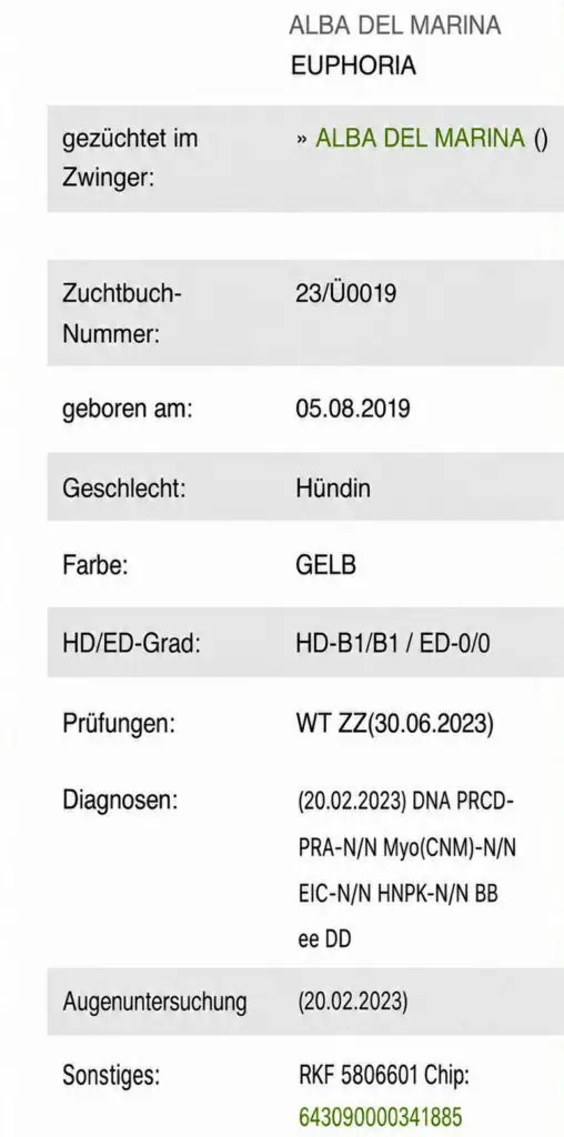 Zuchtdaten Alba